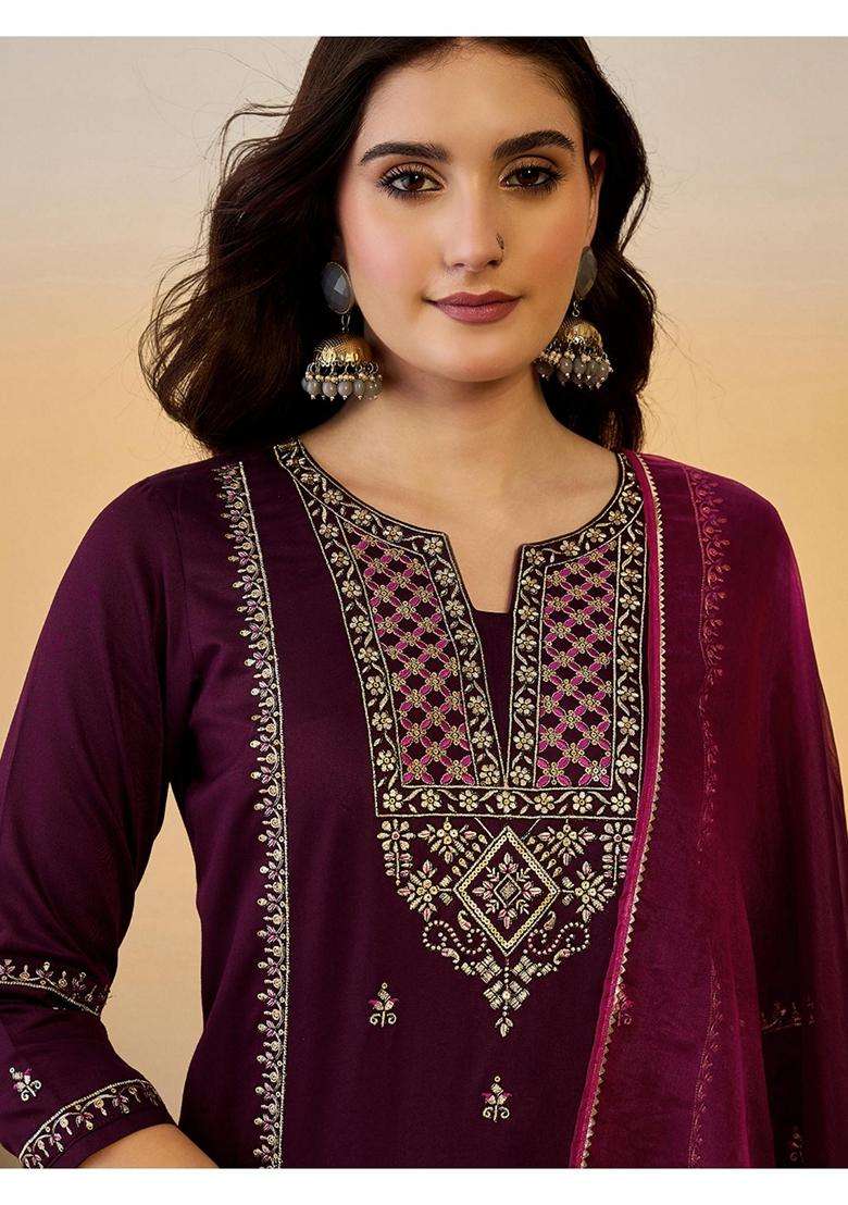 Wine Embroidery Chiffon Kurta Set - Indya