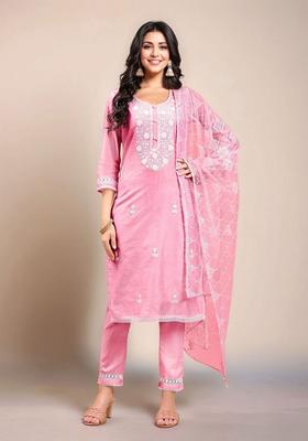 Pink Embroidery Silk Kurta Set