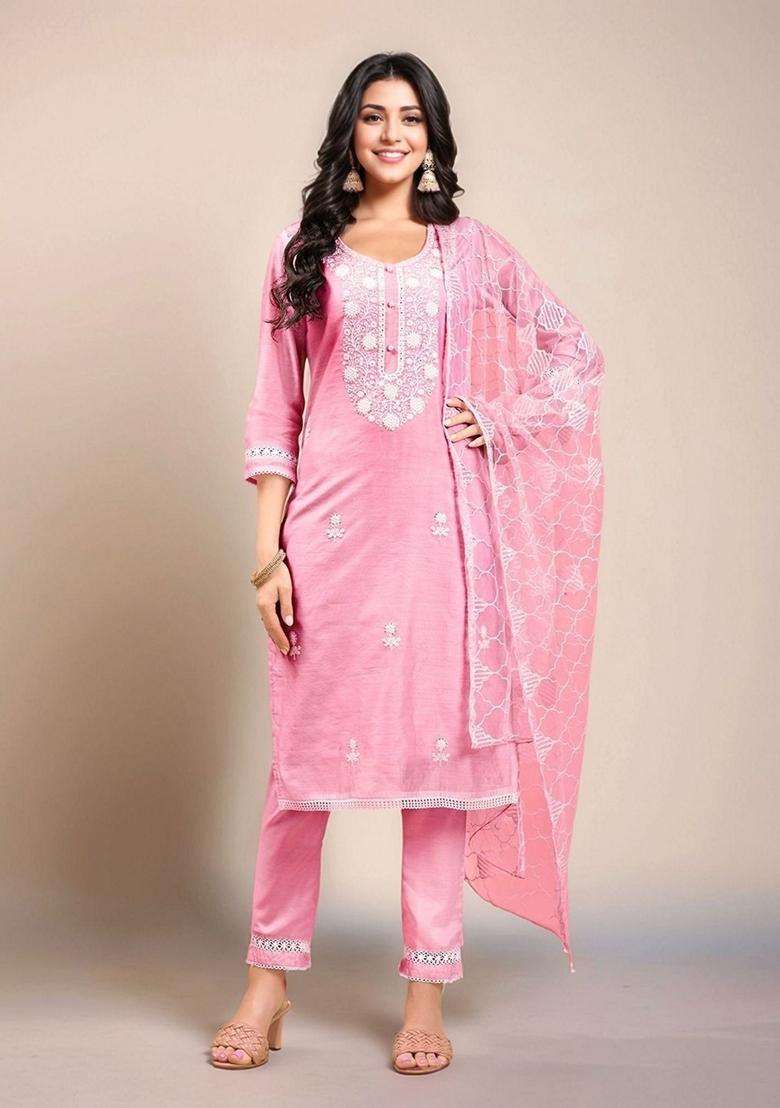 Pink Embroidery Silk Blend Kurta Set - Indya