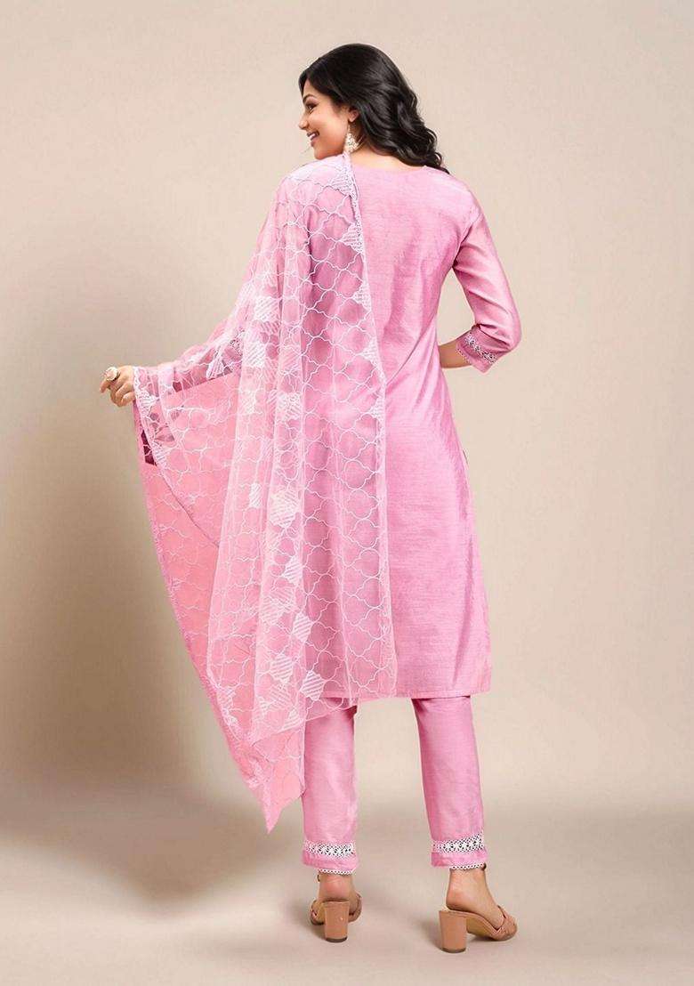 Pink Embroidery Silk Blend Kurta Set - Indya