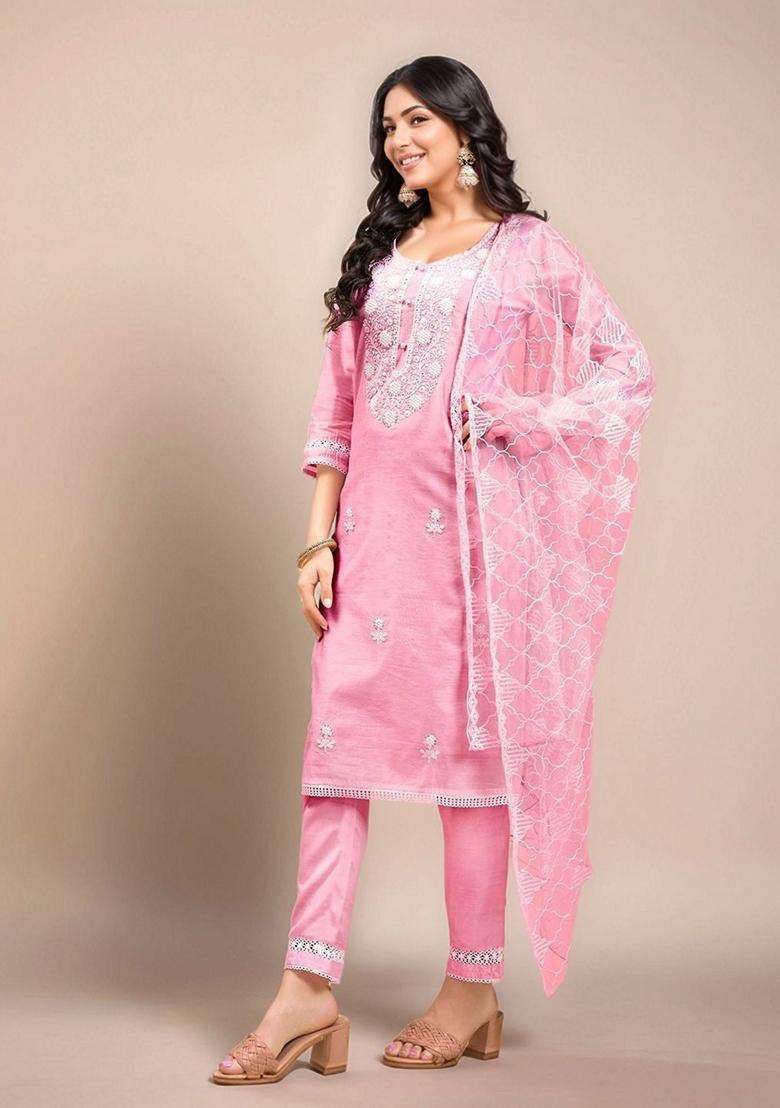 Pink Embroidery Silk Blend Kurta Set - Indya