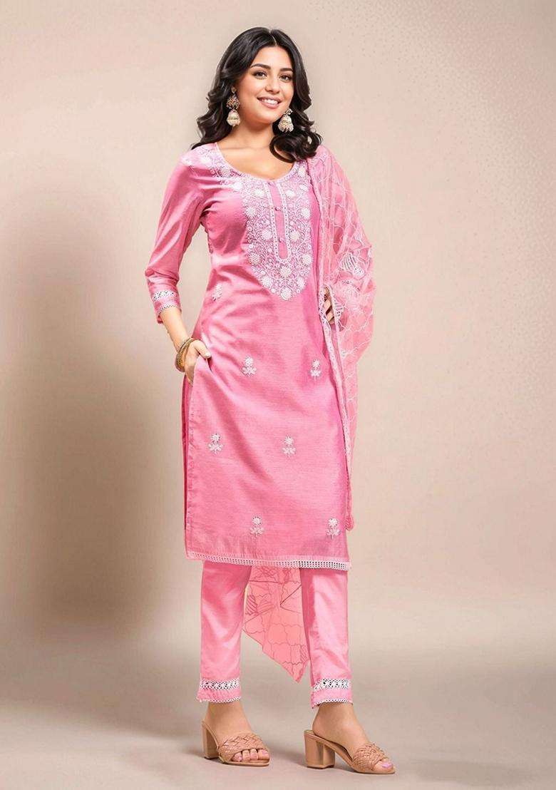 Pink Embroidery Silk Blend Kurta Set - Indya