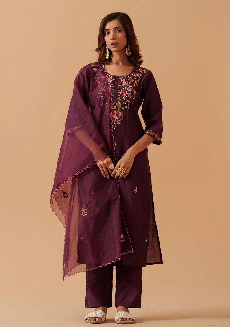 Purple Embroidery Silk Blend Kurta Set - Indya