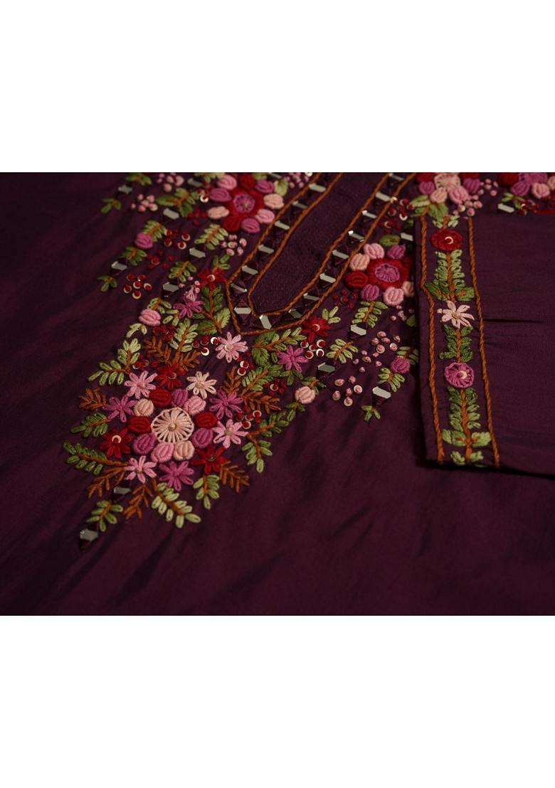Purple Embroidery Silk Blend Kurta Set - Indya