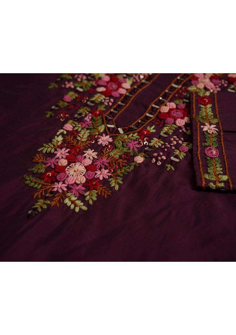 Purple Embroidery Silk Blend Kurta Set - Indya