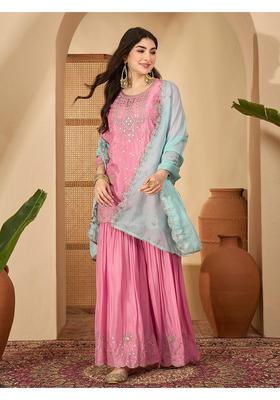 Pink Embroidery Silk Sharara Set