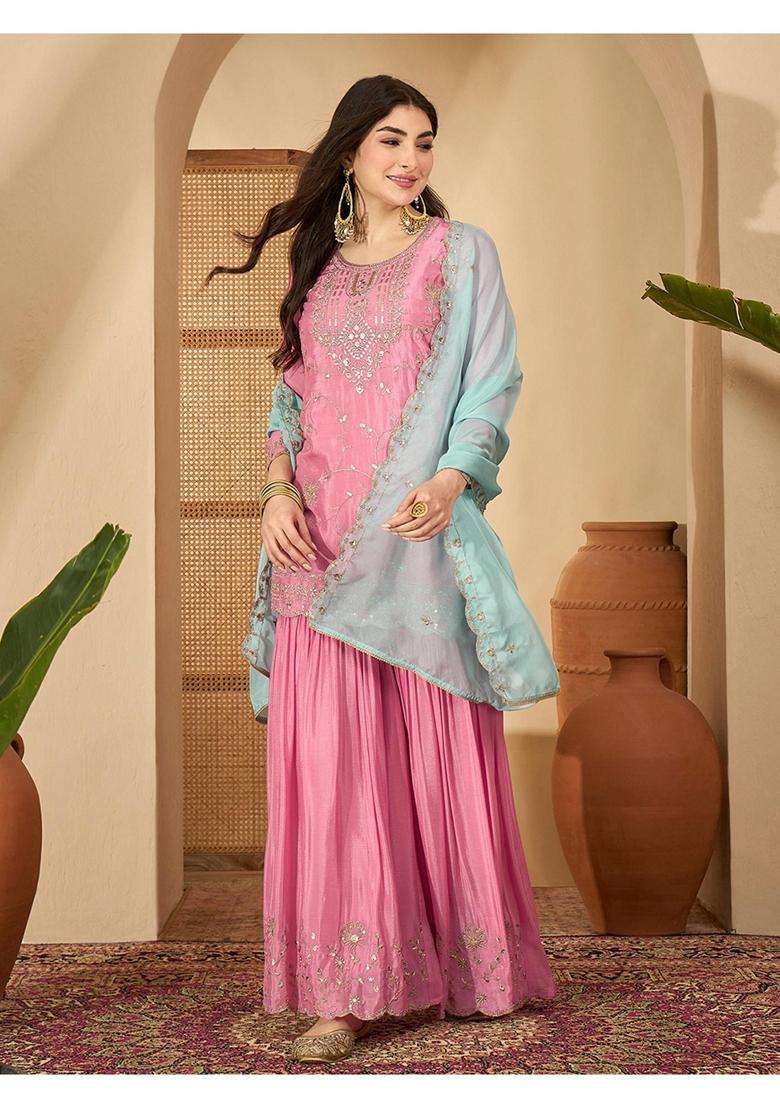 Pink Embroidery Silk Sharara Set - Indya