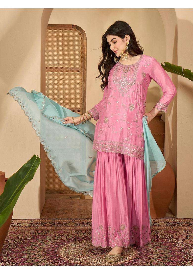 Pink Embroidery Silk Sharara Set - Indya