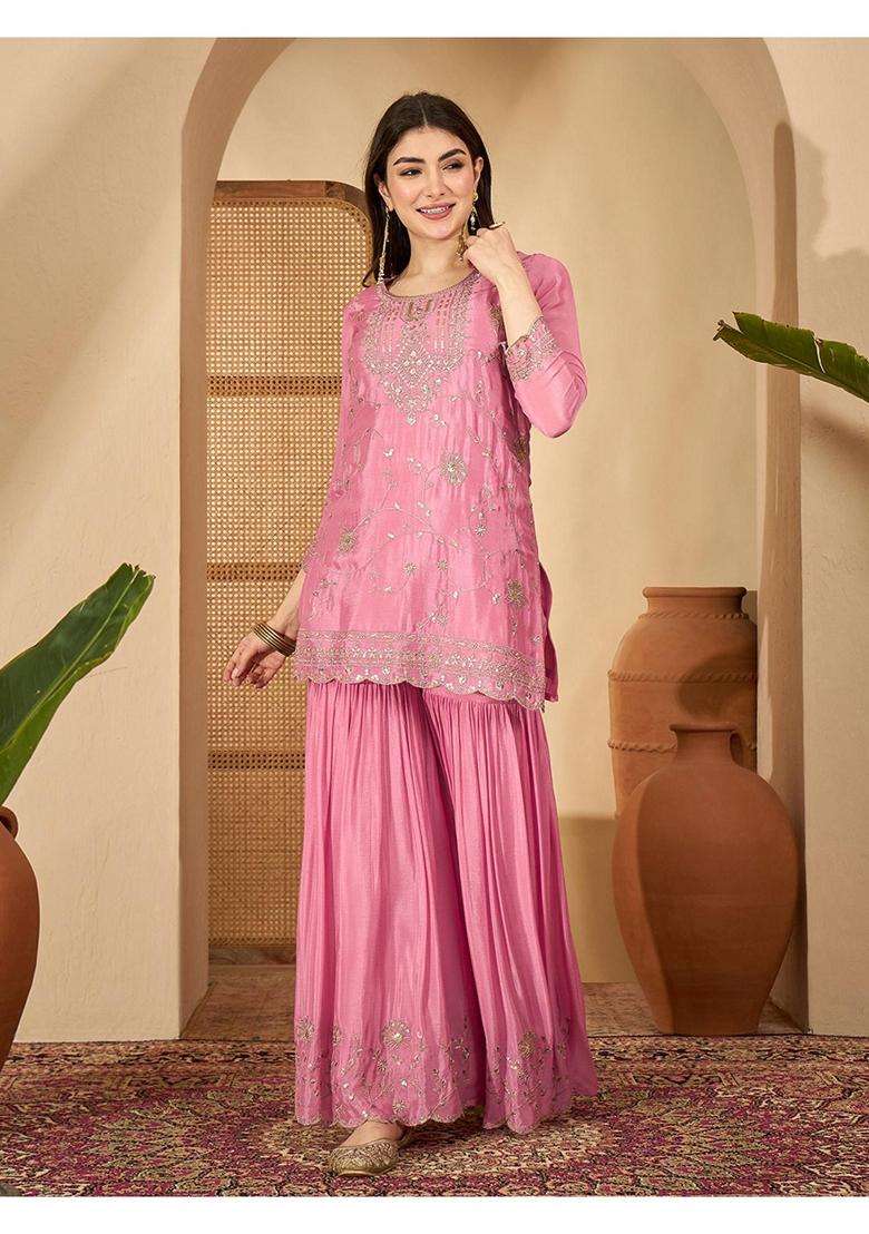 Pink Embroidery Silk Sharara Set - Indya