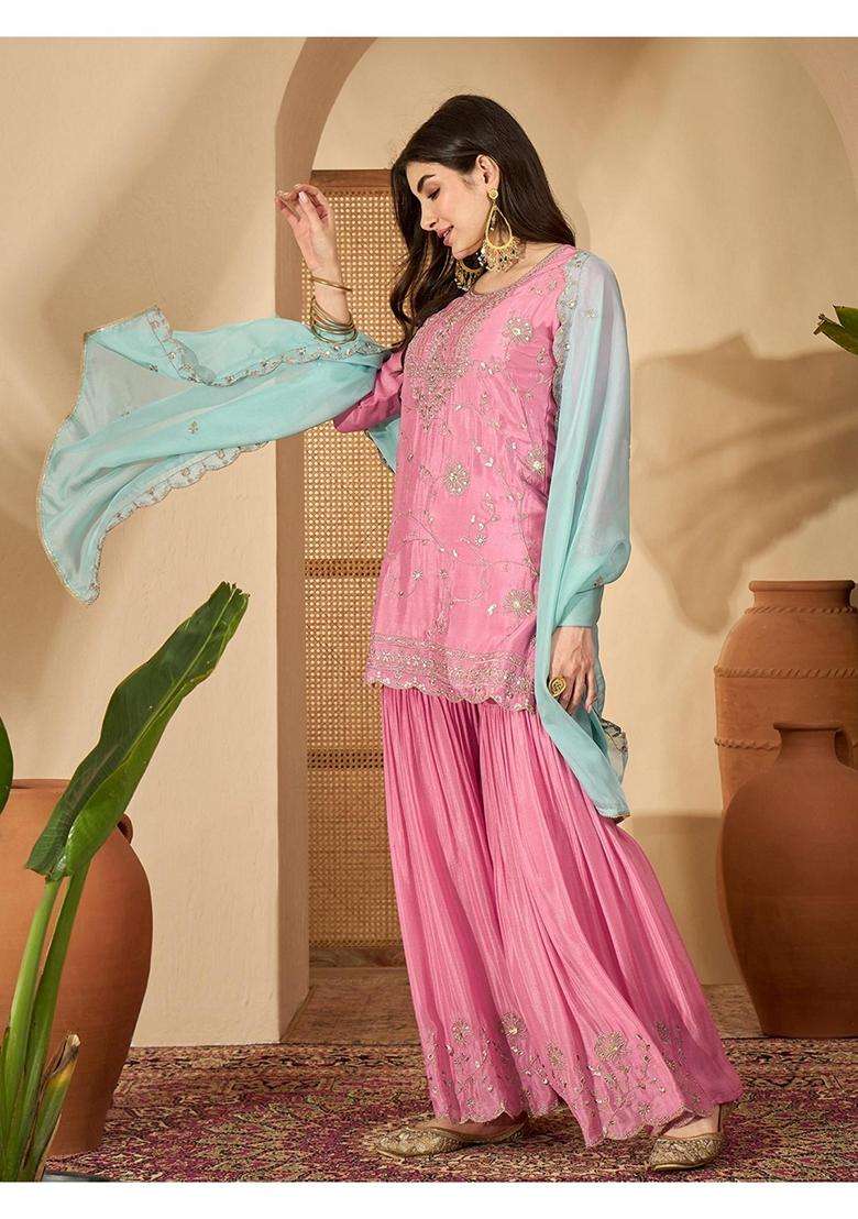 Pink Embroidery Silk Sharara Set - Indya