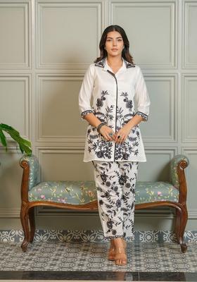White Embroidery Silk Co-Ord Set