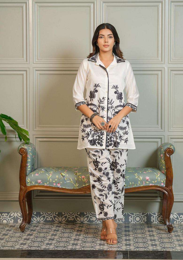 White Embroidery Silk Co-Ord Set - Indya