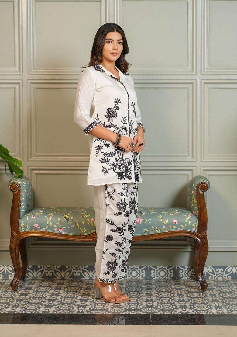 White Embroidery Silk Co-Ord Set - Indya