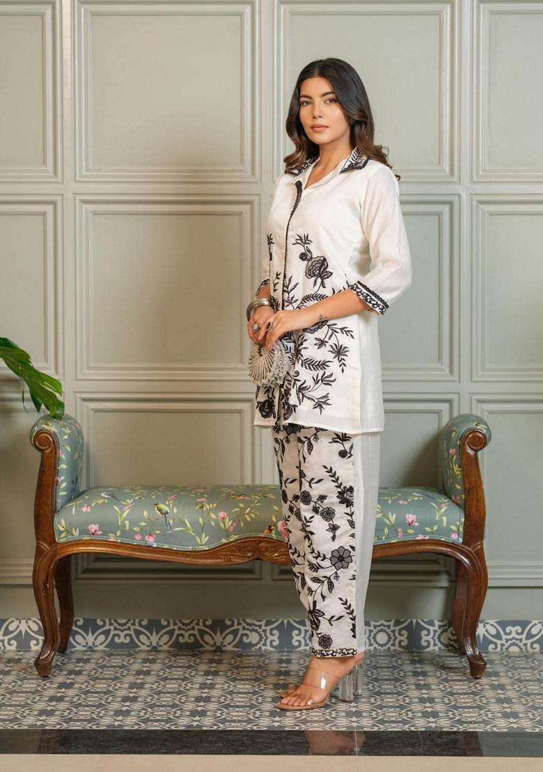 White Embroidery Silk Co-Ord Set - Indya