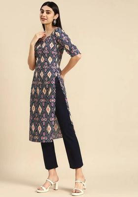 Blue Printed Crepe Kurta Set