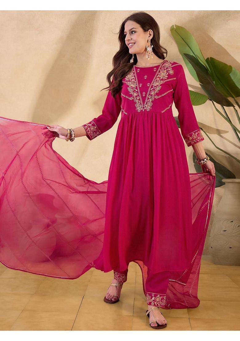 Rani Pink Embroidery Georgette Kurta Set - Indya
