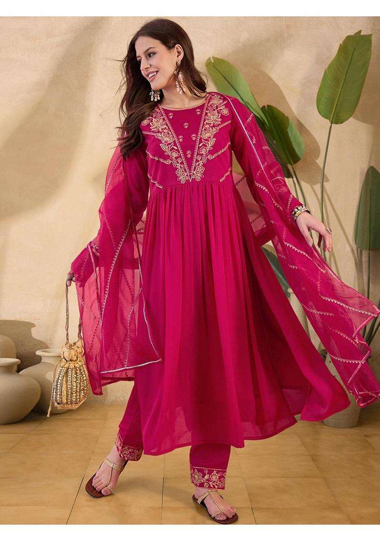 Rani Pink Embroidery Georgette Kurta Set - Indya