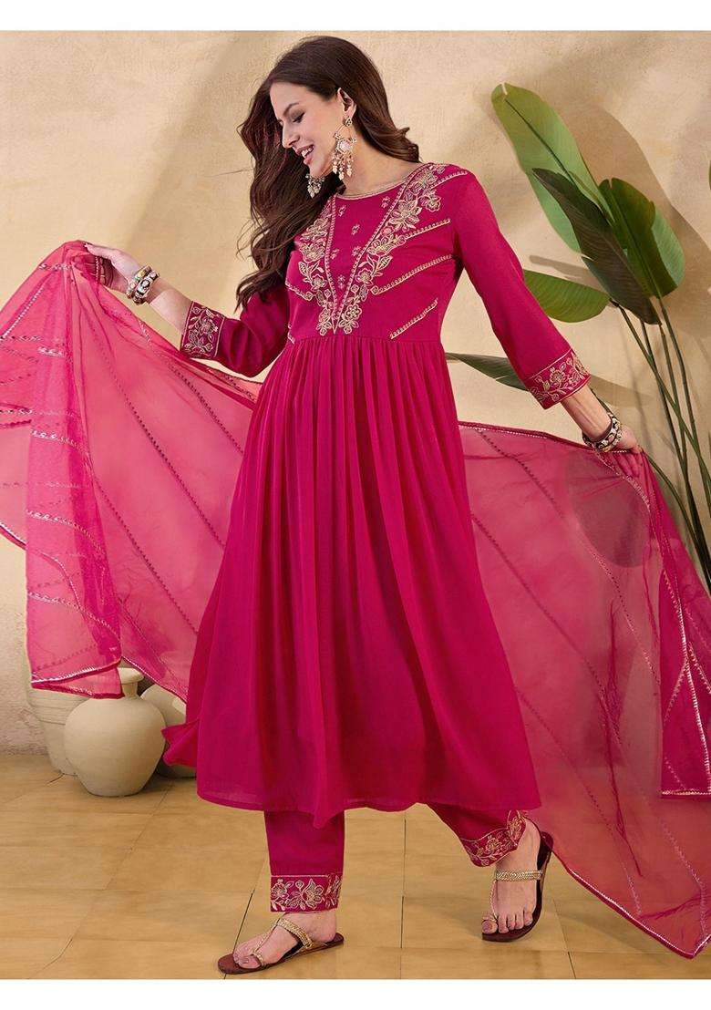 Rani Pink Embroidery Georgette Kurta Set - Indya