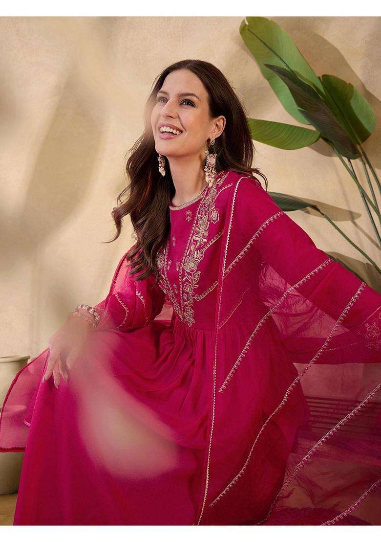 Rani Pink Embroidery Georgette Kurta Set - Indya
