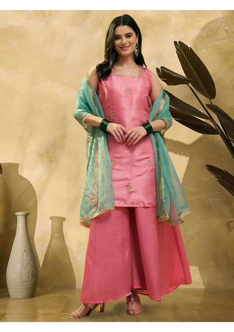 Pink Embroidery Silk Blend Kurta Set - Indya