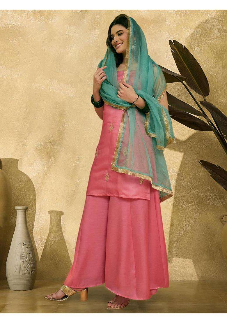 Pink Embroidery Silk Blend Kurta Set - Indya