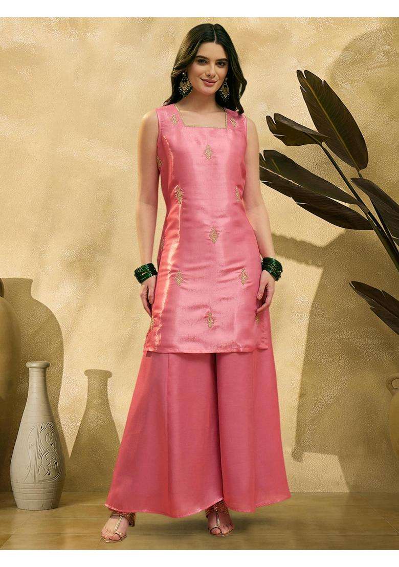 Pink Embroidery Silk Blend Kurta Set - Indya
