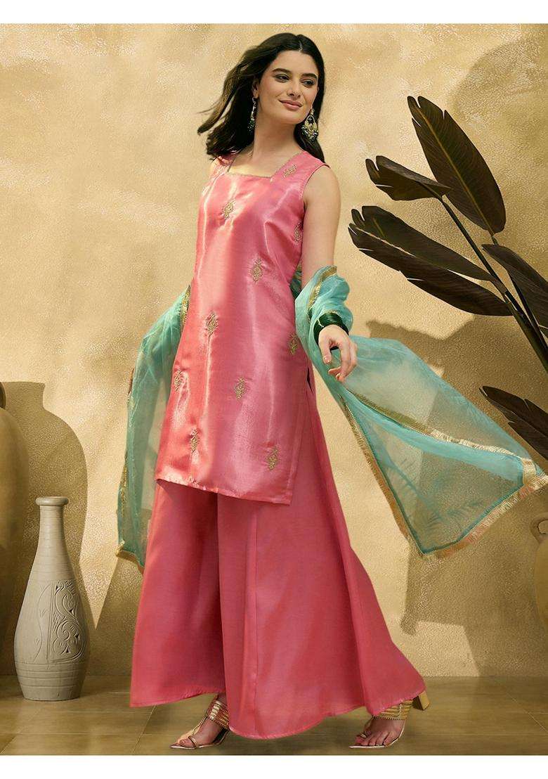 Pink Embroidery Silk Blend Kurta Set - Indya