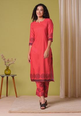 Red Solid Rayon Kurta Set