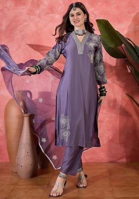 Lavender Embroidery Silk Kurta Set