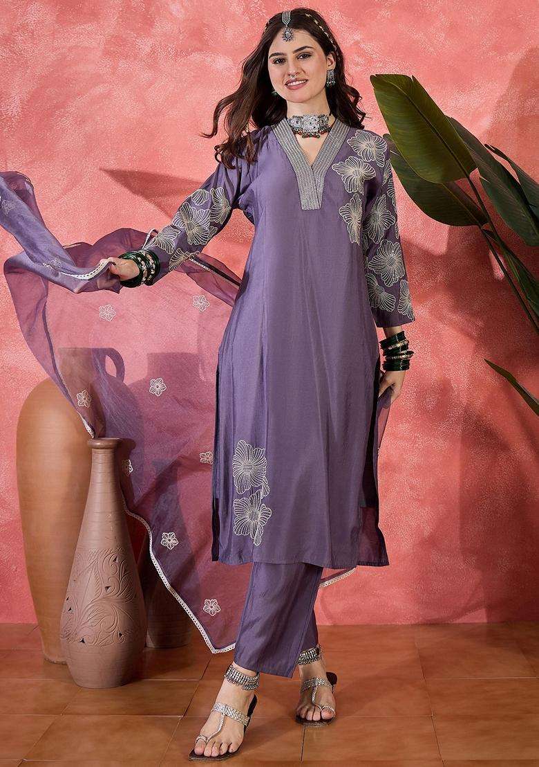 Lavender Embroidery Silk Blend Kurta Set - Indya