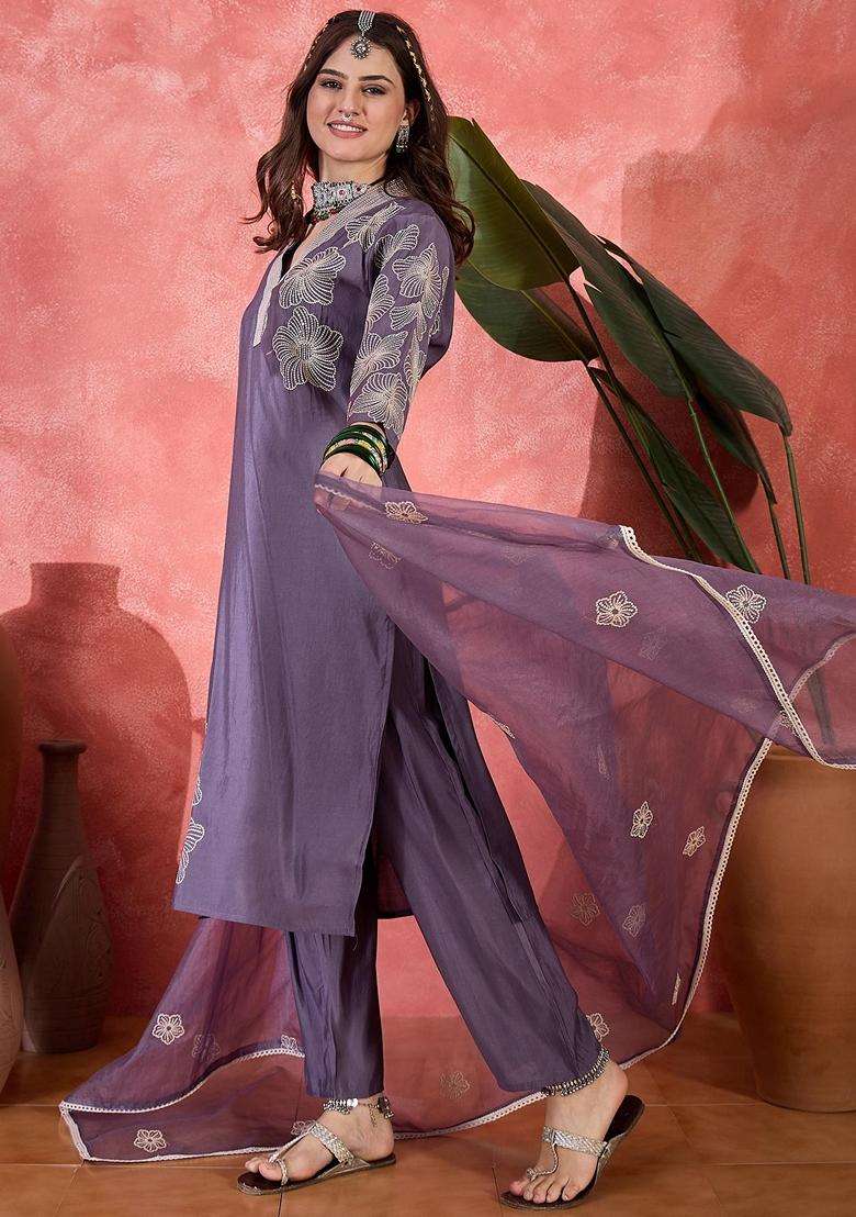 Lavender Embroidery Silk Blend Kurta Set - Indya