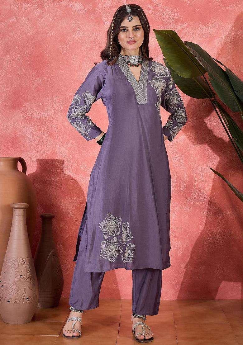 Lavender Embroidery Silk Blend Kurta Set - Indya
