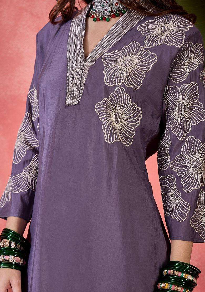 Lavender Embroidery Silk Blend Kurta Set - Indya