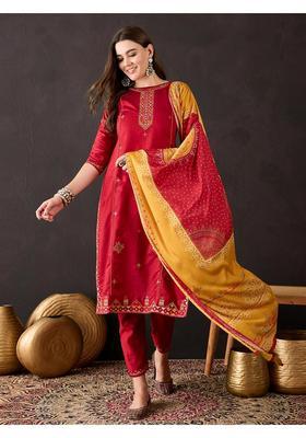 Maroon Embroidery Cotton Kurta Set