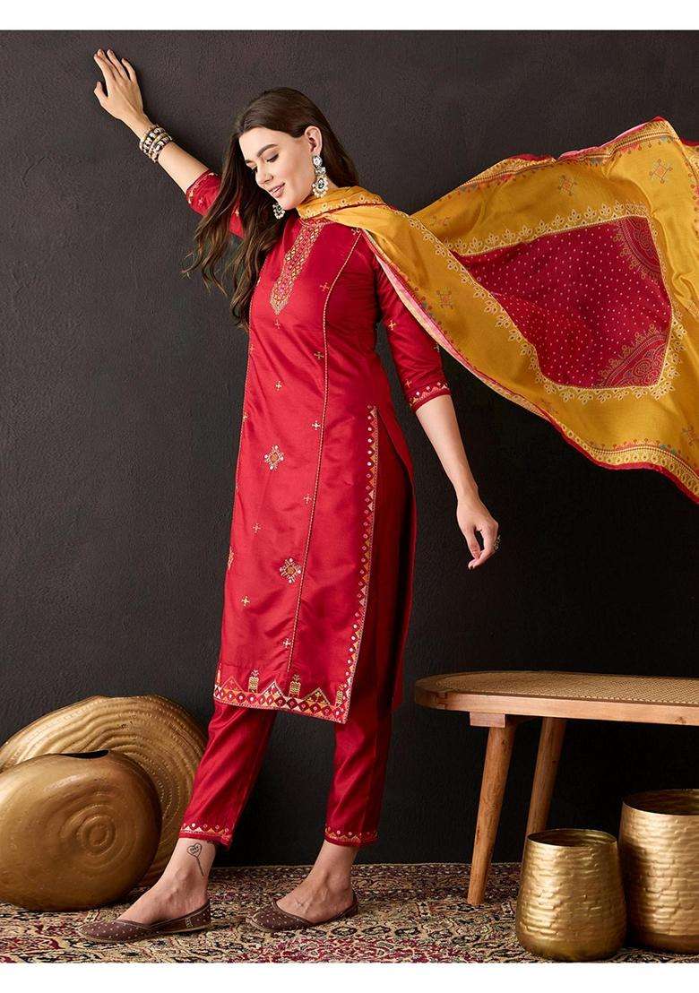 Maroon Embroidery Cotton Kurta Set - Indya