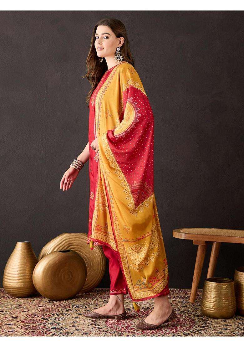 Maroon Embroidery Cotton Kurta Set - Indya