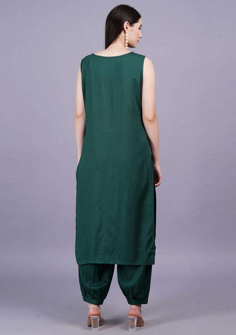 Green Solid Rayon Salwar Suit Set - Indya