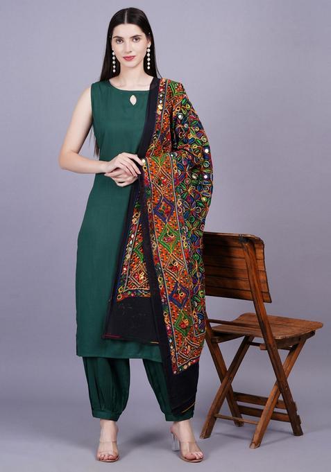 Green Solid Rayon Salwar Suit Set — view on Indya