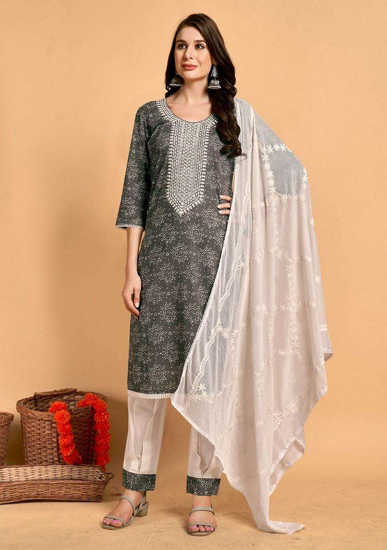 Grey Embroidery Cotton Kurta Set - Indya