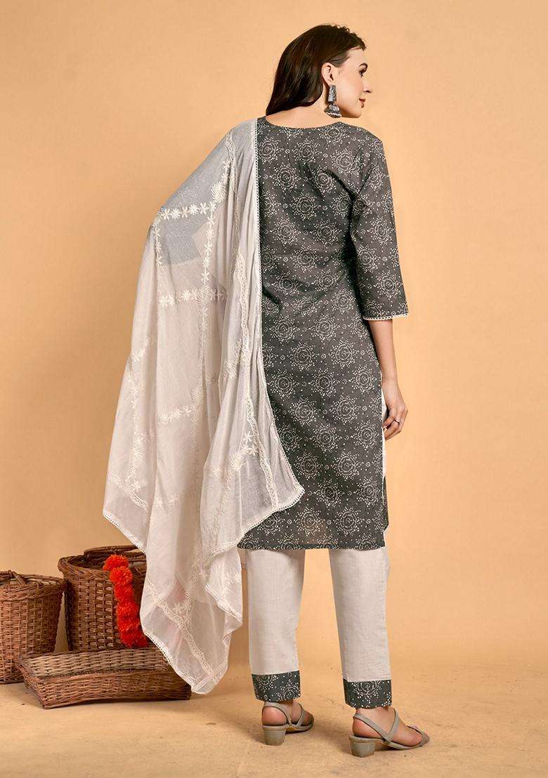Grey Embroidery Cotton Kurta Set - Indya