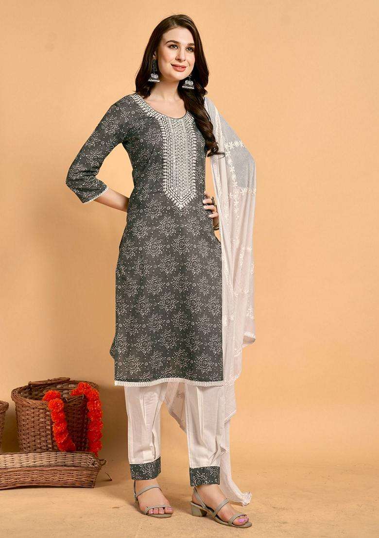 Grey Embroidery Cotton Kurta Set - Indya