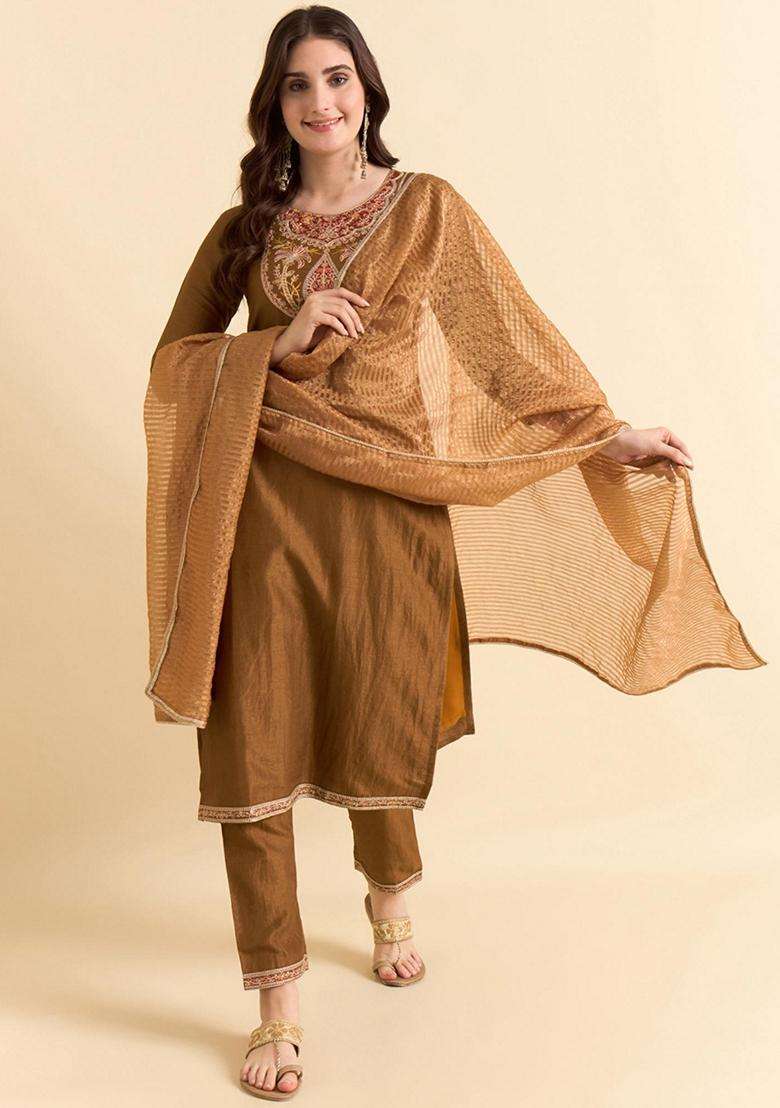 Brown Embroidery Silk Blend Kurta Set - Indya