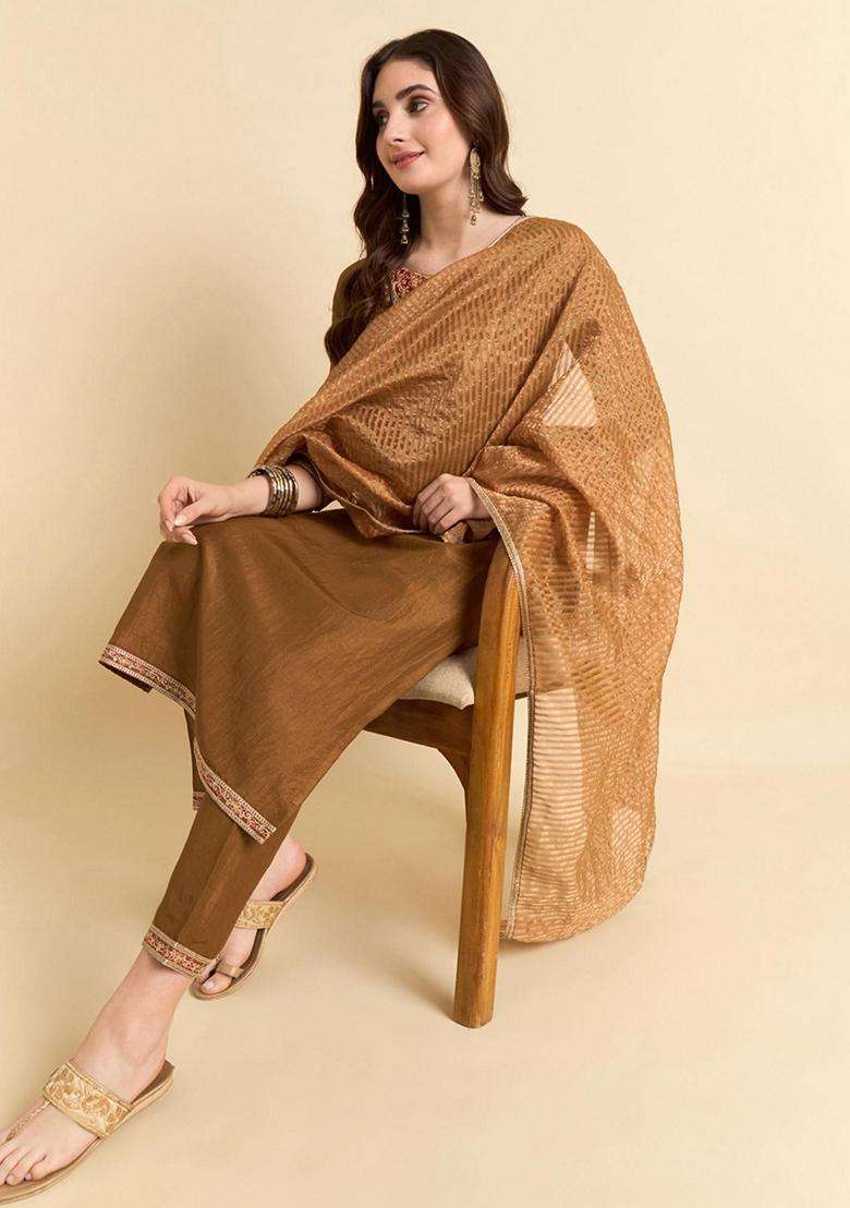 Brown Embroidery Silk Blend Kurta Set - Indya