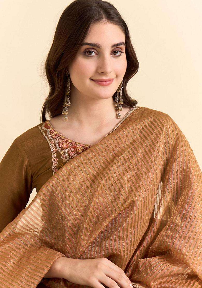 Brown Embroidery Silk Blend Kurta Set - Indya