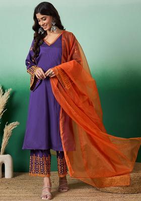 Purple Embroidery Viscose Kurta Set