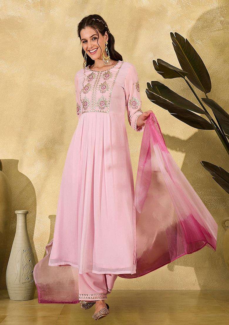 Pink Embroidery Georgette Kurta Set - Indya