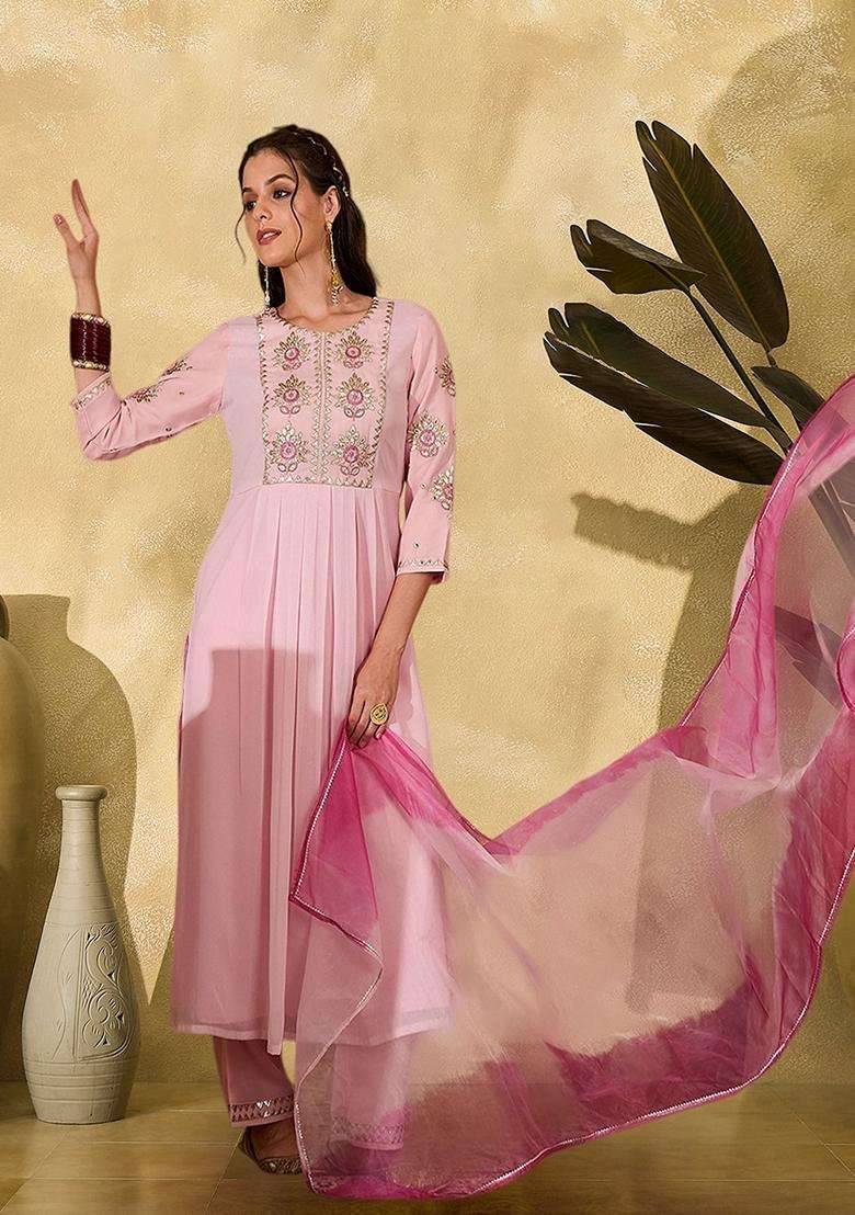 Pink Embroidery Georgette Kurta Set - Indya