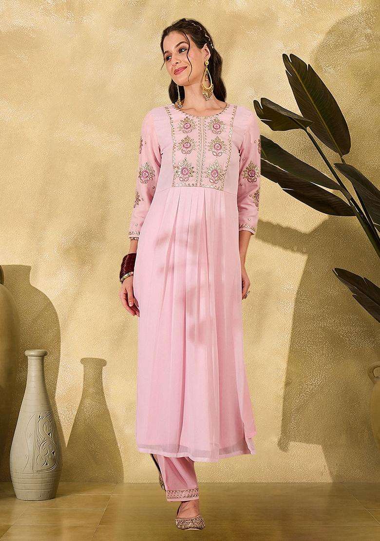 Pink Embroidery Georgette Kurta Set - Indya
