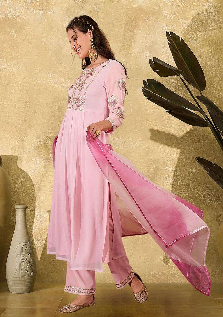 Pink Embroidery Georgette Kurta Set - Indya