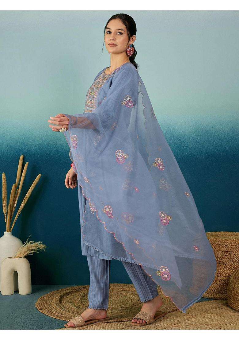 Grey Embroidery Silk Blend Kurta Set - Indya